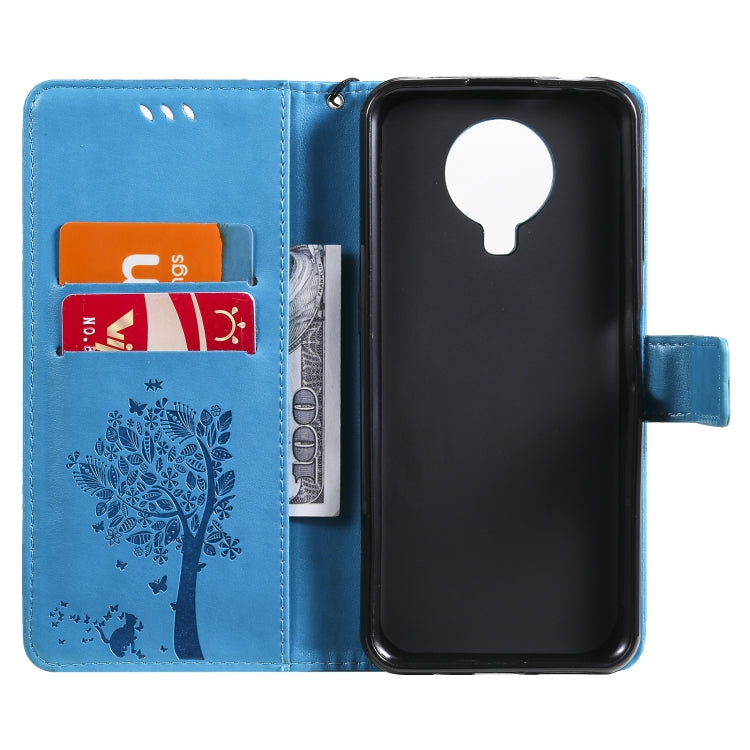 For Nokia G10 Tree & Cat Pattern Pressed Printing Horizontal Flip PU Leather Case with Holder & Card Slots & Wallet & Lanyard(Blue) - Nokia Cases by buy2fix | Online Shopping UK | buy2fix