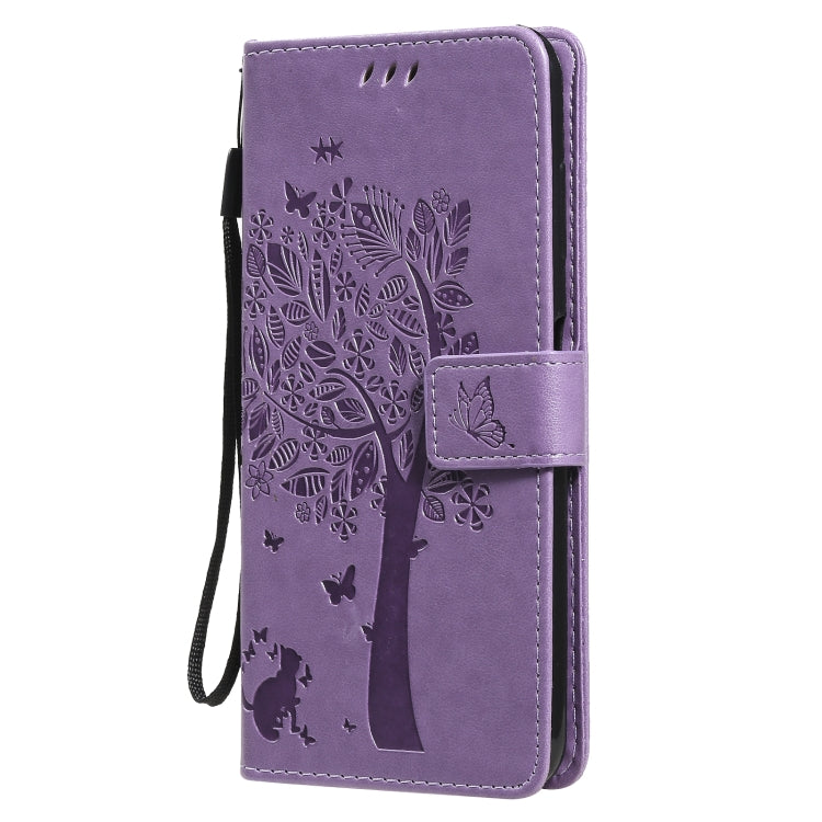 For Nokia G10 Tree & Cat Pattern Pressed Printing Horizontal Flip PU Leather Case with Holder & Card Slots & Wallet & Lanyard(Lavender) - Nokia Cases by buy2fix | Online Shopping UK | buy2fix