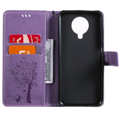 For Nokia G10 Tree & Cat Pattern Pressed Printing Horizontal Flip PU Leather Case with Holder & Card Slots & Wallet & Lanyard(Lavender) - Nokia Cases by buy2fix | Online Shopping UK | buy2fix