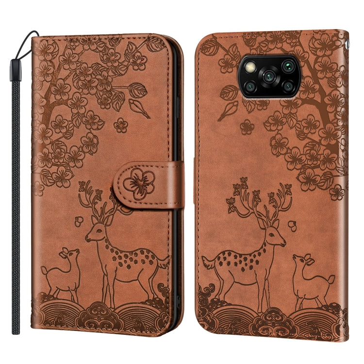 For Xiaomi Poco X3 Sika Deer Embossing Pattern Horizontal Flip PU Leather Case with Holder & Card Slot & Wallet & Photo Frame(Brown) - Xiaomi Cases by buy2fix | Online Shopping UK | buy2fix