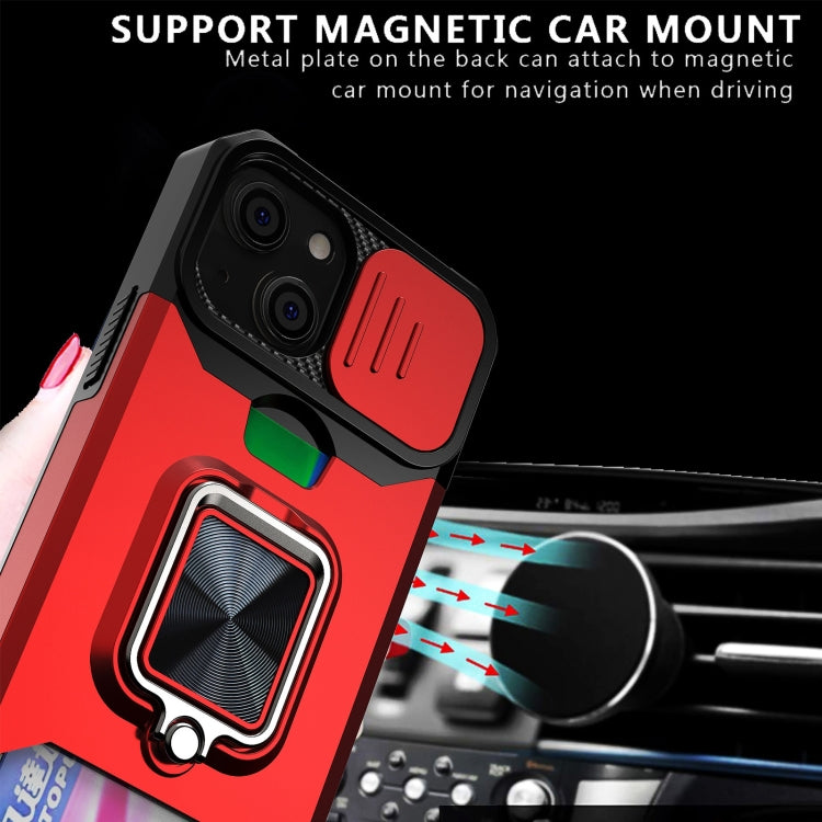 For iPhone 13 Sliding Camshield Card Slot Ring Kickstand Phone Case(Red) - iPhone 13 Cases by buy2fix | Online Shopping UK | buy2fix