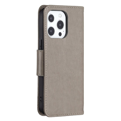 For iPhone 13 Pro Embossing Two Butterflies Pattern Horizontal Flip PU Leather Case with Holder & Card Slot & Wallet & Lanyard (Grey) - iPhone 13 Pro Cases by buy2fix | Online Shopping UK | buy2fix