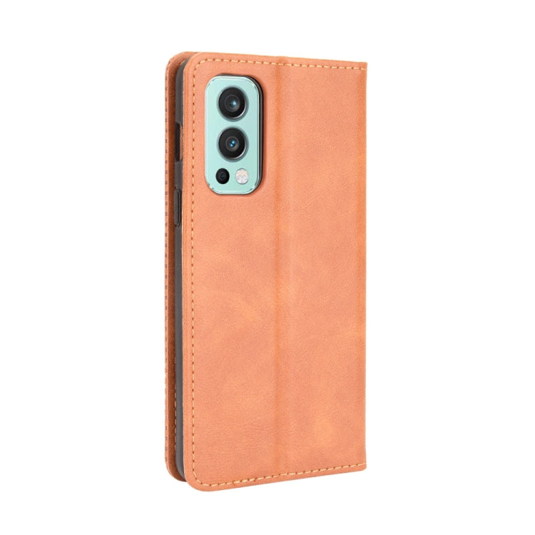 For OnePlus Nord 2 5G Magnetic Buckle Retro Crazy Horse Texture Horizontal Flip Leather Case with Holder & Card Slots & Photo Frame(Brown) - OnePlus Cases by buy2fix | Online Shopping UK | buy2fix