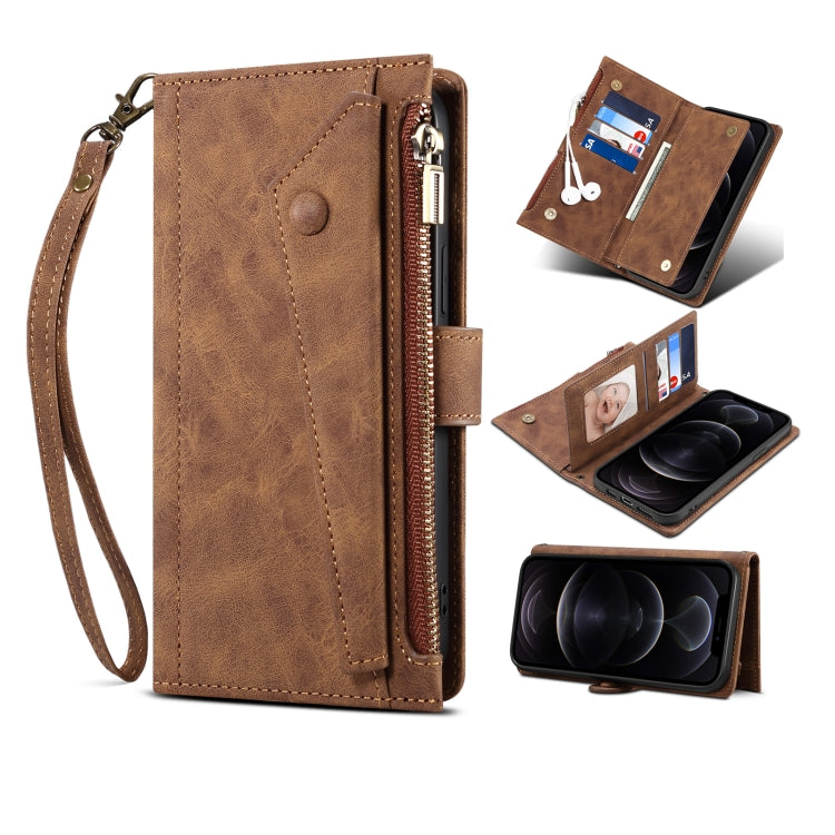 For iPhone 13 Pro Max Retro Frosted Horizontal Flip Leather Case with Holder & Card Slot & Wallet & Zipper Pocket & Lanyard (Brown) - iPhone 13 Pro Max Cases by buy2fix | Online Shopping UK | buy2fix