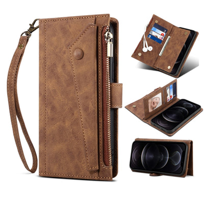 For iPhone 12 mini Retro Frosted Horizontal Flip Leather Case with Holder & Card Slot & Wallet & Zipper Pocket & Lanyard (Brown) - iPhone 12 mini Cases by buy2fix | Online Shopping UK | buy2fix