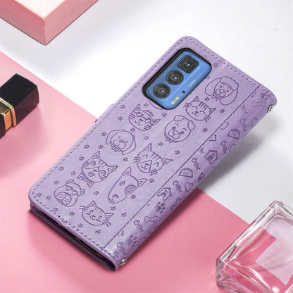 For Motorola Edge 20 Pro Lovely Cat and Dog Embossing Pattern Horizontal Flip Leather Case , with Holder & Card Slots & Wallet & Cartoon Clasp & Lanyard(Purple) - Motorola Cases by buy2fix | Online Shopping UK | buy2fix