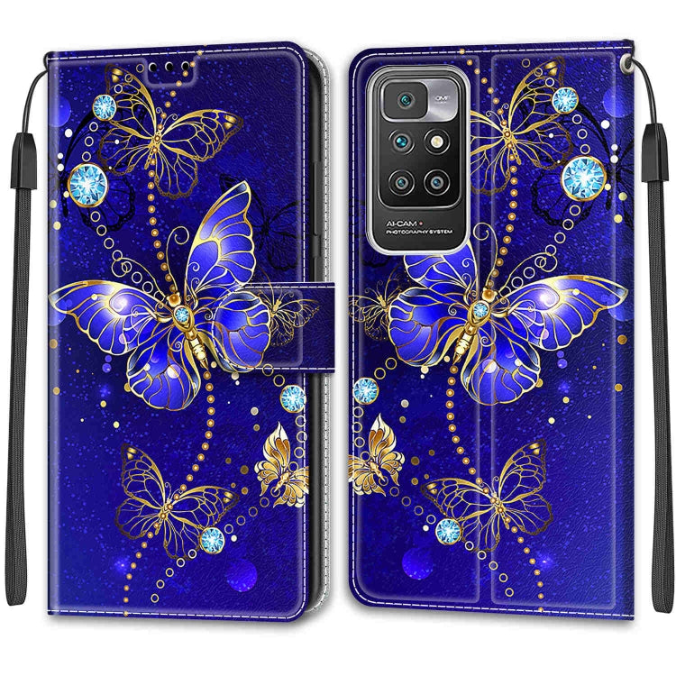 Voltage Coloured Drawing Magnetic Clasp Horizontal Flip PU Leather Case with Holder & Card Slots For Xiaomi Redmi 10(C11 Blue Golden Chain Butterflies) - Xiaomi Cases by buy2fix | Online Shopping UK | buy2fix