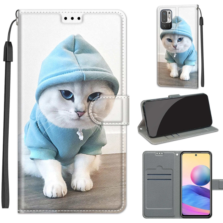 Voltage Coloured Drawing Magnetic Clasp Horizontal Flip PU Leather Case with Holder & Card Slots For Xiaomi Redmi Note 10 5G(C15 Blue Sweater White Cat) - Xiaomi Cases by buy2fix | Online Shopping UK | buy2fix