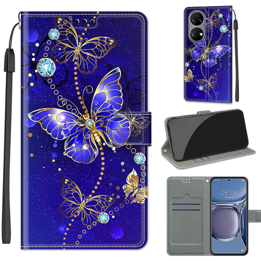 Voltage Coloured Drawing Magnetic Clasp Horizontal Flip PU Leather Case with Holder & Card Slots For Huawei P50(C11 Blue Golden Chain Butterflies) - Huawei Cases by buy2fix | Online Shopping UK | buy2fix