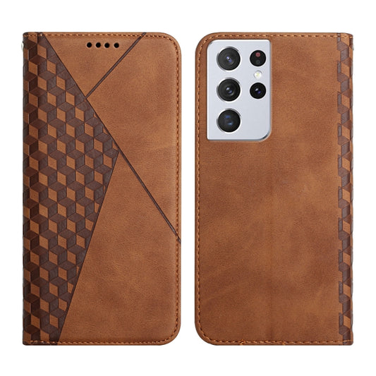 For Samsung Galaxy S21 Ultra 5G Diamond Pattern Splicing Skin Feel Magnetic Horizontal Flip Leather Case with Card Slots & Holder & Wallet(Brown) - Galaxy S21 Ultra 5G Cases by buy2fix | Online Shopping UK | buy2fix