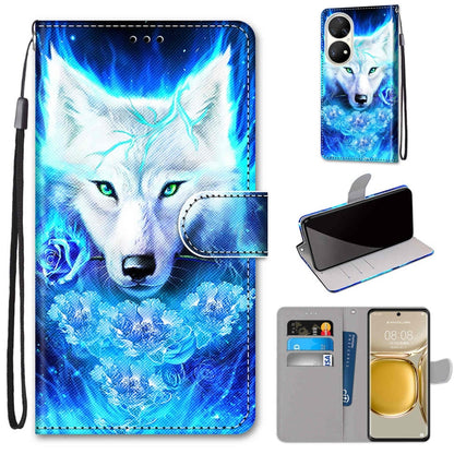 For Huawei P50 Pro Coloured Drawing Cross Texture Horizontal Flip PU Leather Case with Holder & Card Slots & Wallet & Lanyard(Dick Rose Wolf) - Huawei Cases by buy2fix | Online Shopping UK | buy2fix