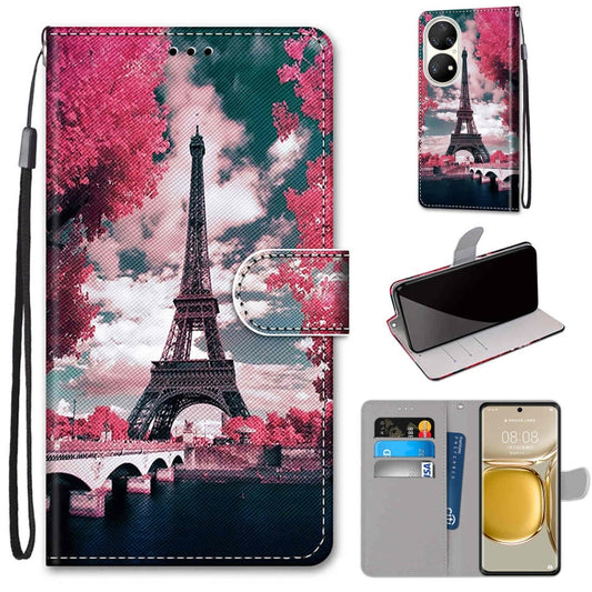 For Huawei P50 Pro Coloured Drawing Cross Texture Horizontal Flip PU Leather Case with Holder & Card Slots & Wallet & Lanyard(Pink Flower Tower Bridge) - Huawei Cases by buy2fix | Online Shopping UK | buy2fix