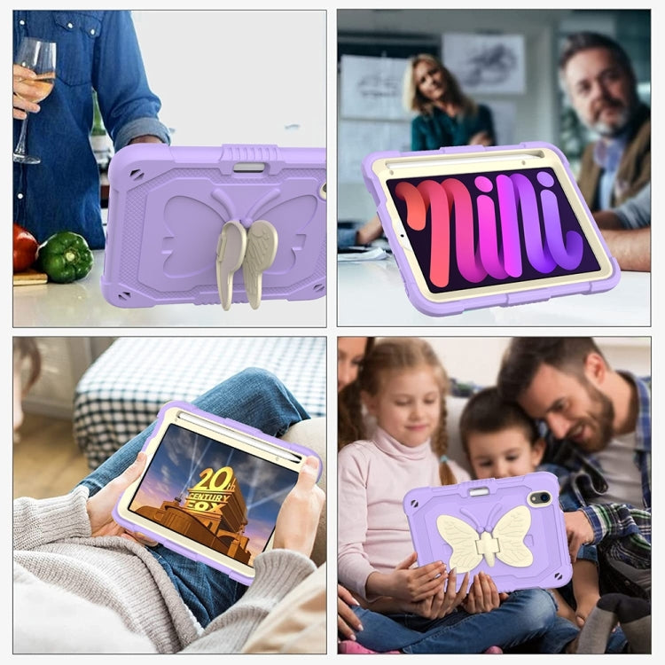 For iPad mini 6 Beige PC + Silicone Anti-drop Protective Tablet Case with Butterfly Shape Holder & Pen Slot(Beige + Light Purple) - iPad mini 6 Cases by buy2fix | Online Shopping UK | buy2fix