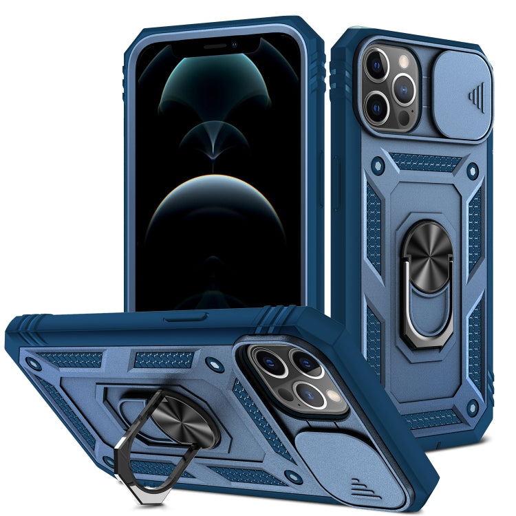 For iPhone 12 Pro Max Sliding Camera Cover Design TPU + PC Protective Case with 360 Degree Rotating Holder & Card Slot(Blue+Blue) - iPhone 12 Pro Max Cases by buy2fix | Online Shopping UK | buy2fix