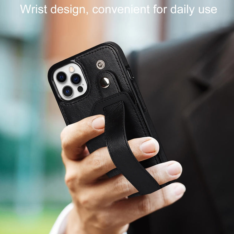 For iPhone 12 / 12 Pro Crazy Horse Texture Shockproof TPU + PU Leather Case with Card Slot & Wrist Strap Holder(Black) - iPhone 12 / 12 Pro Cases by buy2fix | Online Shopping UK | buy2fix