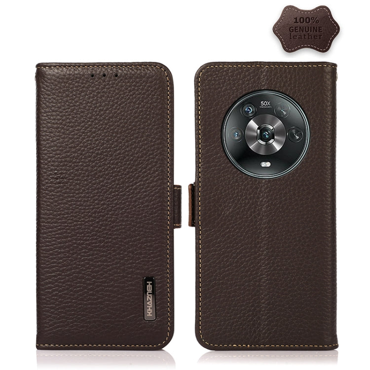 For Honor Magic 4 KHAZNEH Side-Magnetic Litchi Genuine Leather RFID Phone Case(Brown) - Honor Cases by buy2fix | Online Shopping UK | buy2fix