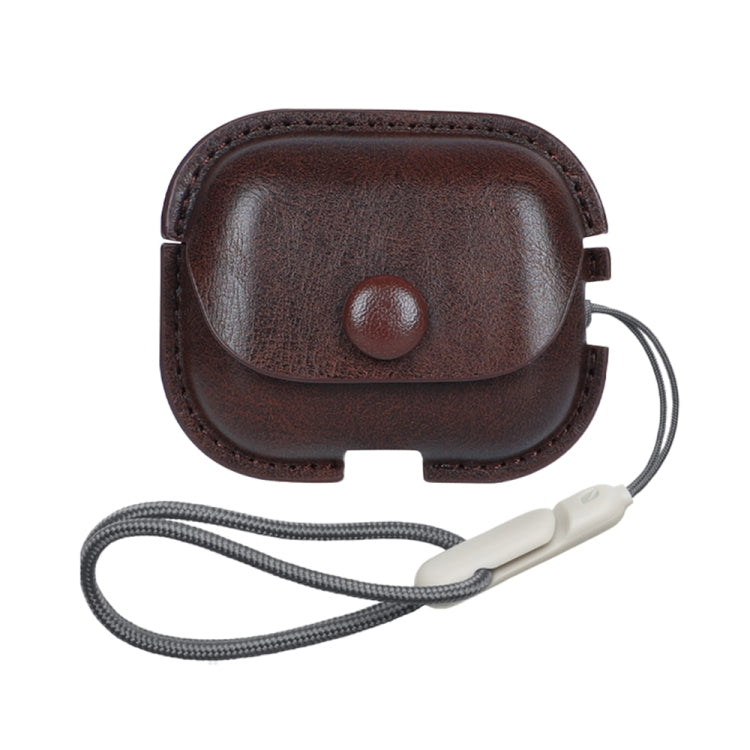 For AirPods Pro 2 Litchi Texture PU Leather Earphone Protective Case with Lanyard(Dark Brown) - For AirPods Pro 2 by buy2fix | Online Shopping UK | buy2fix