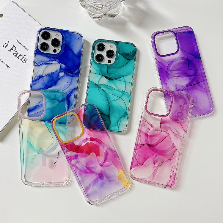 For iPhone 14 Pro Marble Dual-side Laminating Magsafe Phone Case(White Purple) - iPhone 14 Pro Cases by buy2fix | Online Shopping UK | buy2fix