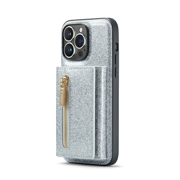 For iPhone 14 Pro Max DG.MING M3 Series Glitter Powder Card Bag Leather Case(Silver) - iPhone 14 Pro Max Cases by DG.MING | Online Shopping UK | buy2fix