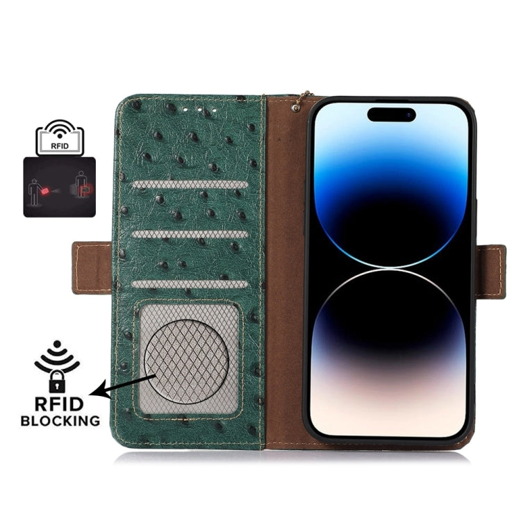 For iPhone SE 2024 Ostrich Pattern Genuine Leather RFID Phone Case(Green) - More iPhone Cases by buy2fix | Online Shopping UK | buy2fix