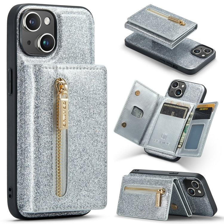 For iPhone 14 DG.MING M3 Series Glitter Powder Card Bag Leather Case(Silver) - iPhone 14 Cases by DG.MING | Online Shopping UK | buy2fix