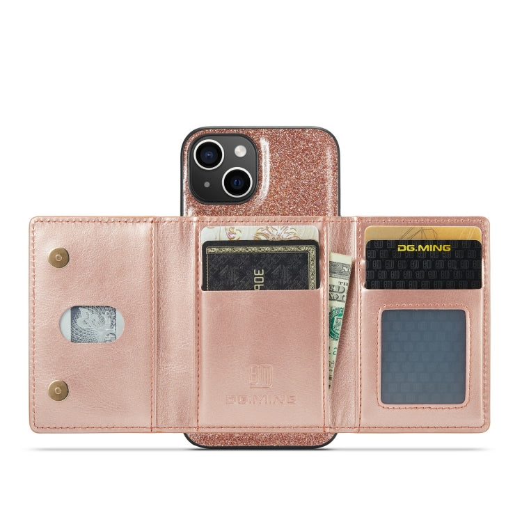 For iPhone 14 DG.MING M3 Series Glitter Powder Card Bag Leather Case(Rose Gold) - iPhone 14 Cases by DG.MING | Online Shopping UK | buy2fix