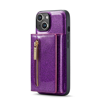 For iPhone 14 Plus DG.MING M3 Series Glitter Powder Card Bag Leather Case(Dark Purple) - iPhone 14 Plus Cases by DG.MING | Online Shopping UK | buy2fix