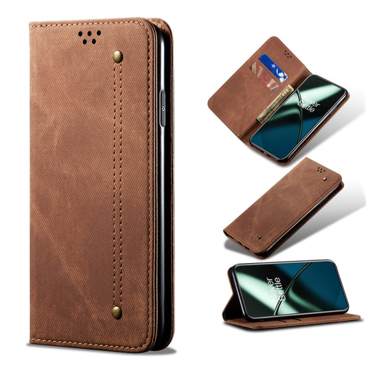 For OnePlus 11 Denim Texture Flip Leather Phone Case(Brown) - OnePlus Cases by buy2fix | Online Shopping UK | buy2fix