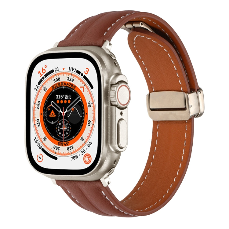 Folding Buckle Grooved Genuine Leather Watch Band For Apple Watch Series 8&7 41mm / SE 2&6&SE&5&4 40mm / 3&2&1 38mm(Brown) - Watch Bands by buy2fix | Online Shopping UK | buy2fix