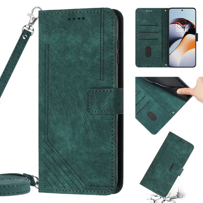 For OnePlus 11 Skin Feel Stripe Pattern Leather Phone Case with Lanyard(Green) - OnePlus Cases by buy2fix | Online Shopping UK | buy2fix