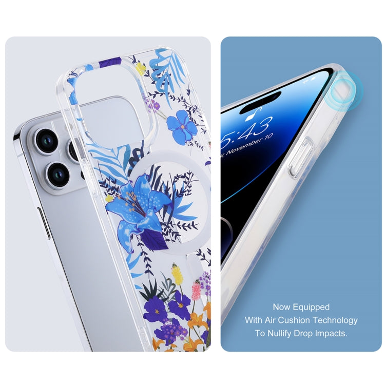 For iPhone 13 Pro Max Transparent Double Sided Magsafe Phone Case(Sky Blue Flower) - iPhone 13 Pro Max Cases by buy2fix | Online Shopping UK | buy2fix
