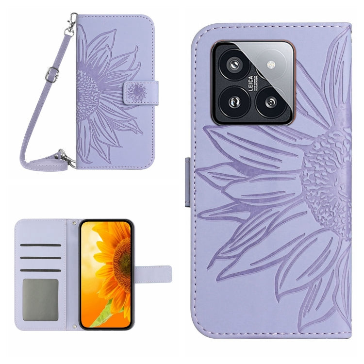 For Xiaomi 14 Pro Skin Feel Sun Flower Embossed Flip Leather Phone Case with Lanyard(Purple) - 14 Pro Cases by buy2fix | Online Shopping UK | buy2fix