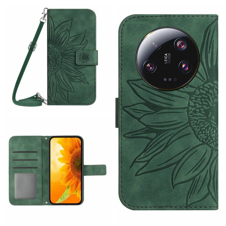 For Xiaomi 14 Ultra Skin Feel Sun Flower Embossed Flip Leather Phone Case with Lanyard(Green) - 14 Ultra Cases by buy2fix | Online Shopping UK | buy2fix