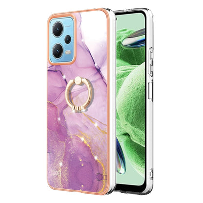 For Xiaomi Redmi Note 12 5G Global/Poco X5 5G Electroplating Marble IMD TPU Phone Case with Ring Holder(Purple 001) - Xiaomi Cases by buy2fix | Online Shopping UK | buy2fix