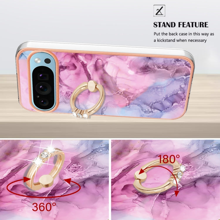 For Google Pixel 9 Pro XL Electroplating Marble Dual-side IMD Phone Case with Ring(Pink 013) - Google Cases by buy2fix | Online Shopping UK | buy2fix