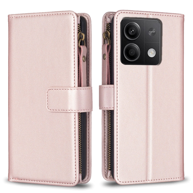 For Xiaomi Redmi Note 13 4G Global 9 Card Slots Zipper Wallet Leather Flip Phone Case(Rose Gold) - Note 13 Cases by buy2fix | Online Shopping UK | buy2fix