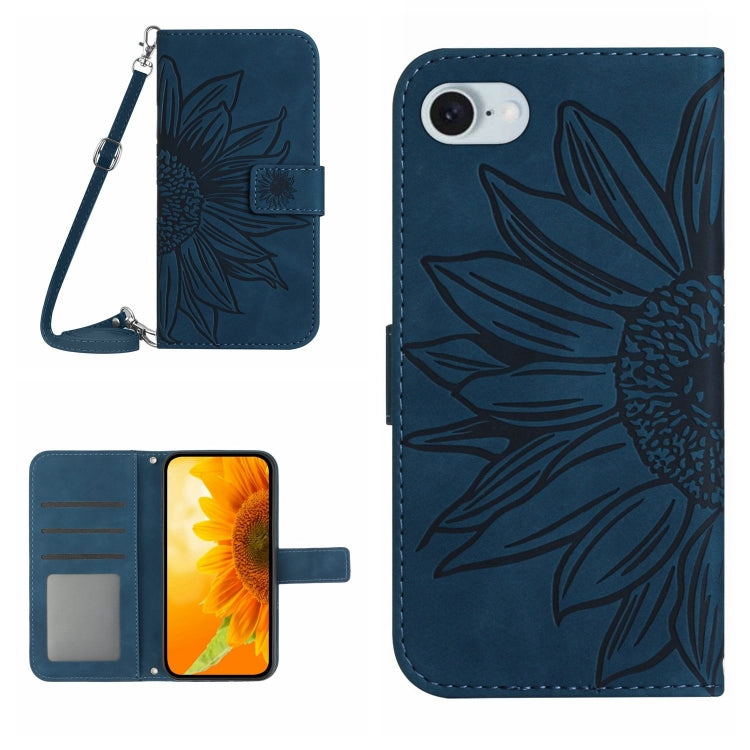 For iPhone SE 2024 Skin Feel Sun Flower Embossed Flip Leather Phone Case with Lanyard(Inky Blue) - More iPhone Cases by buy2fix | Online Shopping UK | buy2fix