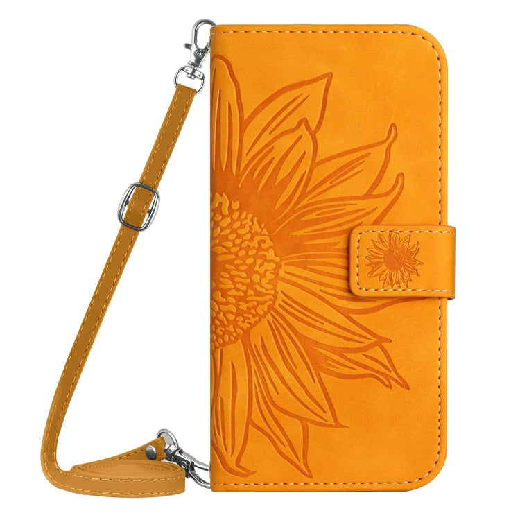 For iPhone 16 Plus Skin Feel Sun Flower Embossed Flip Leather Phone Case with Lanyard(Yellow) - iPhone 16 Plus Cases by buy2fix | Online Shopping UK | buy2fix