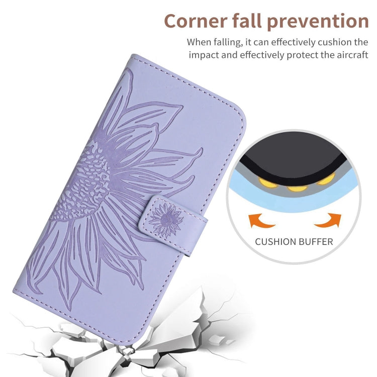 For iPhone 16 Skin Feel Sun Flower Embossed Flip Leather Phone Case with Lanyard(Purple) - iPhone 16 Cases by buy2fix | Online Shopping UK | buy2fix