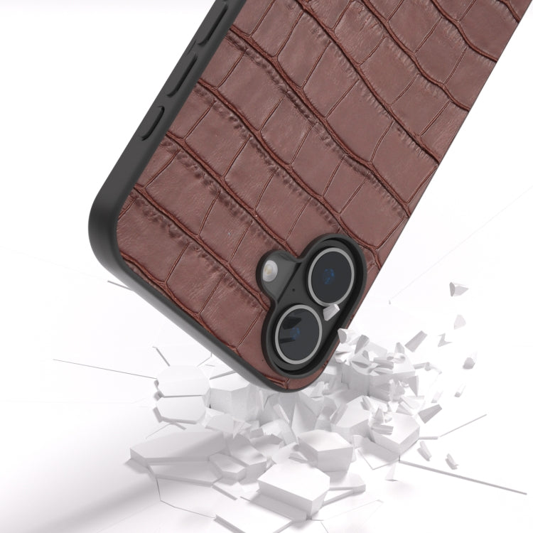 For iPhone 16 Plus ABEEL Crocodile Texture Genuine Leather Phone Case(Brown) - iPhone 16 Plus Cases by buy2fix | Online Shopping UK | buy2fix