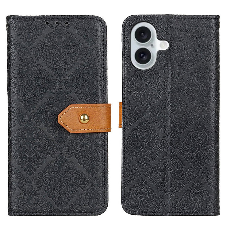 For iPhone 16 European Floral Embossed Leather Phone Case(Black) - iPhone 16 Cases by buy2fix | Online Shopping UK | buy2fix