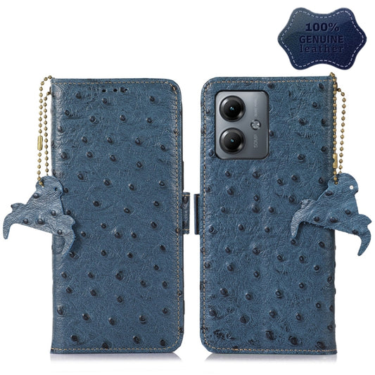 For Motorola Moto G14 4G Ostrich Pattern Genuine Leather RFID Phone Case(Blue) - Motorola Cases by buy2fix | Online Shopping UK | buy2fix