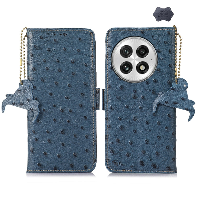 For OnePlus 13 Ostrich Pattern Genuine Leather RFID Phone Case(Blue) - OnePlus Cases by buy2fix | Online Shopping UK | buy2fix