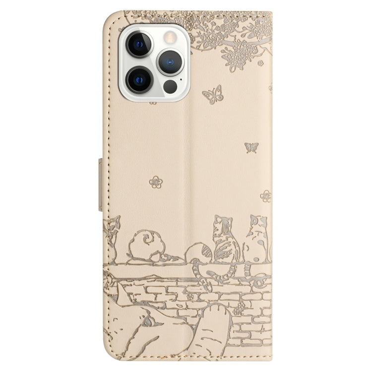 For iPhone 16 Pro Cat Embossing Pattern Leather Phone Case with Lanyard(Beige) - iPhone 16 Pro Cases by buy2fix | Online Shopping UK | buy2fix