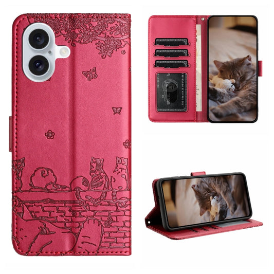 For iPhone 16 Cat Embossing Pattern Leather Phone Case with Lanyard(Red) - iPhone 16 Cases by buy2fix | Online Shopping UK | buy2fix