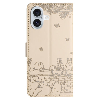 For iPhone 16 Cat Embossing Pattern Leather Phone Case with Lanyard(Beige) - iPhone 16 Cases by buy2fix | Online Shopping UK | buy2fix