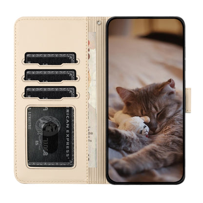 For iPhone 16 Cat Embossing Pattern Leather Phone Case with Lanyard(Beige) - iPhone 16 Cases by buy2fix | Online Shopping UK | buy2fix