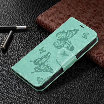 For iPhone 16 Embossing Two Butterflies Pattern Leather Phone Case(Green) - iPhone 16 Cases by buy2fix | Online Shopping UK | buy2fix