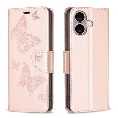 For iPhone 16 Embossing Two Butterflies Pattern Leather Phone Case(Rose Gold) - iPhone 16 Cases by buy2fix | Online Shopping UK | buy2fix