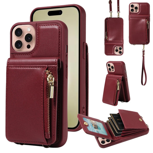 For iPhone 16 Pro Crossbody Lanyard Zipper Wallet Leather Phone Case(Wine Red) - iPhone 16 Pro Cases by buy2fix | Online Shopping UK | buy2fix